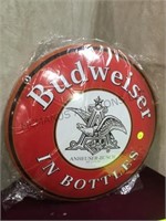Round tin painted sign , Budweiser,16 in D, N.I.P.
