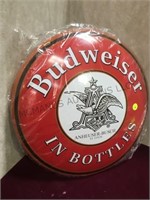 Round tin painted sign , Budweiser,16in D, N.I.P.