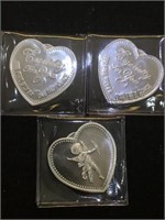 1 Troy oz. .999 silver heart  rounds, 3 x $