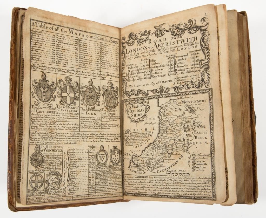 An 18th century printing of Britannia Depicta or Ogilby Improved having engraved maps of the roads of Britain.