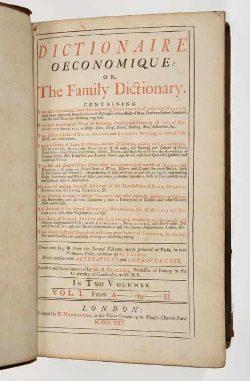 A 1725 printing of Dictionaire Oeconomique or The Family Dictionary.