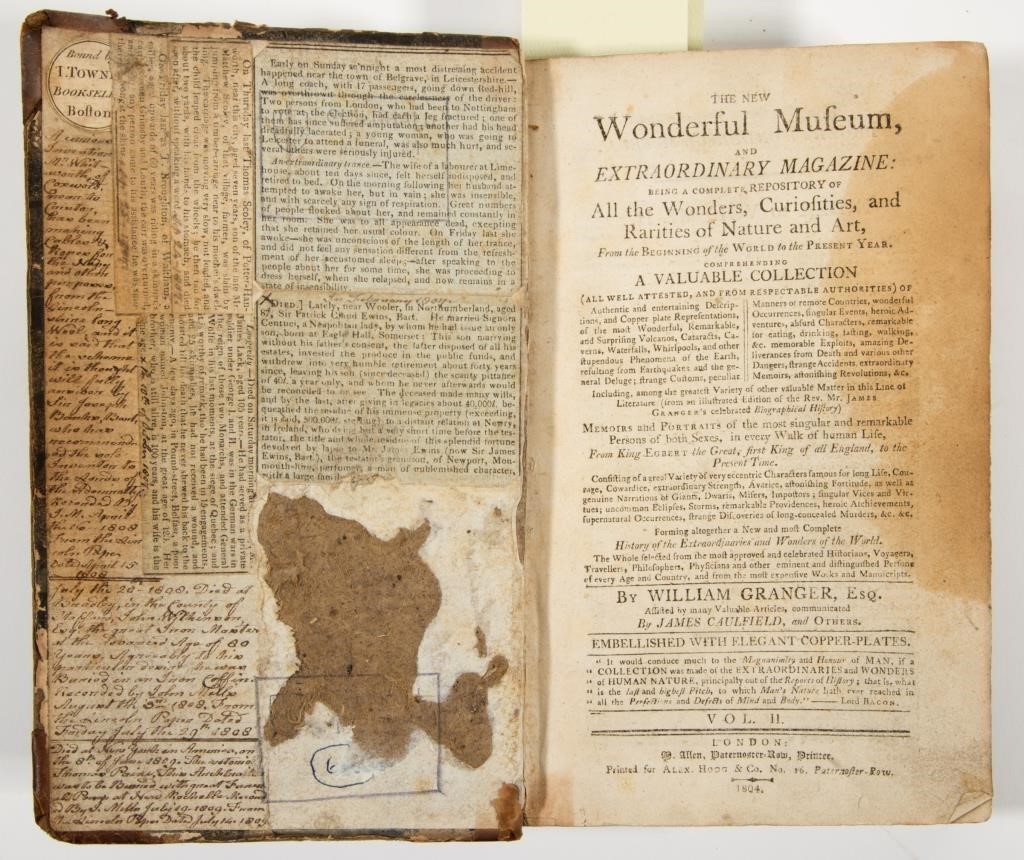 An 1804 printing of The New Wonderful Museum bound in Boston, England.