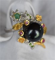 Sterling Silver Ring w/ Pearl, Ruby, & Emeralds