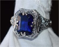 Sterling Silver Filigree Ring w/ Blue Stone Sz6
