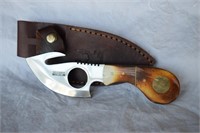 Gut Hook Knife w/ Bone Handle & Leather Sheath