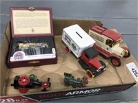 2 truck banks, Lionel locomotive ornament, train