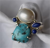 Sterling Silver Ring w/ Turquoise, Pearl, Lapis Sz