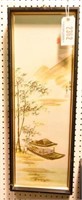 Framed Chinese panel of junk boat on water