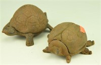 (2) vintage cast iron covered figural turtle