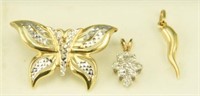 (3) 14kt gold necklace charms: gold and diamond