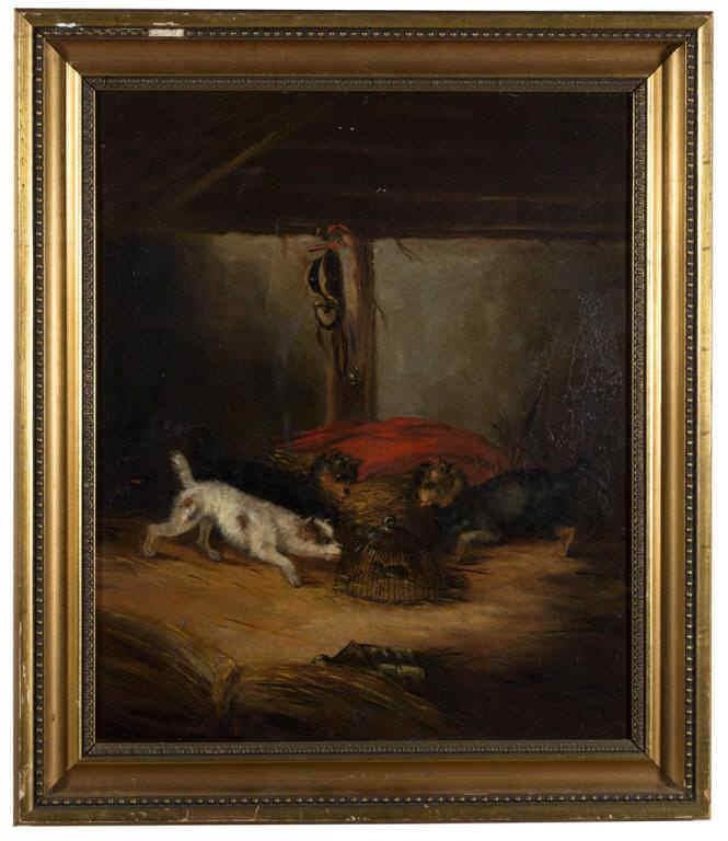 George Armfield (British, 1808-1893), or school of, oil on canvas barn interior scene with terriers