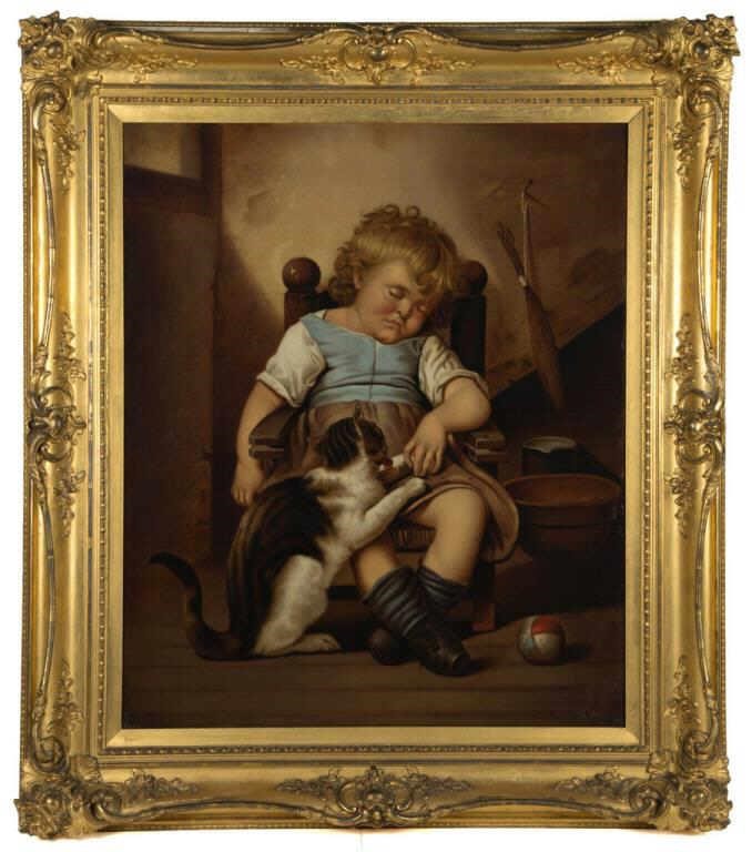 A. Cable (19th century) oil on canvas genre painting of sleeping child and cat, 34 ½" x 29" sight, 46" x 40" OA