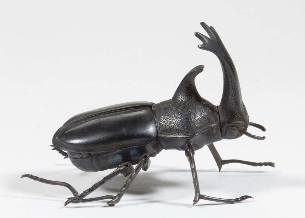 Jizai Okimono fully articulated copper Japanese horned beetle (Late 19th/early 20th century), 2 3/8" L