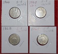 (4) Five Cent Shield Coins, 1866, 1867, 1868 &