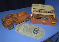Plano Tackle Box w/ Fishing Lures, Wooden Car, and