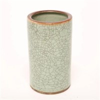 Chinese Guan Ware Brush Pot, Celadon Crackle-Glaze