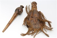 African Tribal Wood Fly Whisk Handle & Bone Mask