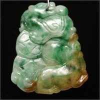 Chinese Jade Pendant Plaque w. Coins, in 10K Gold