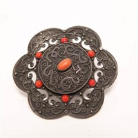 Middle Eastern Silver & Coral Pendant or Brooch