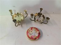 Candle holders & a toffee tin