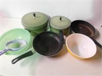 Pots and pans, Pyrex bowl,  strainer