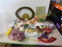 Wicker basket, qty of craft supplies.