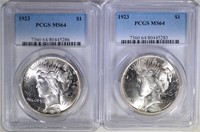 (2) 1923 PEACE SILVER DOLLARS, PCGS MS-64