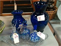 2 blue vases , 3 blue decanters