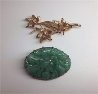 CARVED JADE PIN & 14KT GOLD BRANCH PIN W/ DIAMONDS