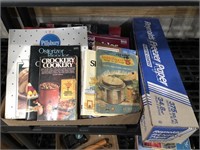 VARIETY OF COOKBOOKS & PARTIAL FREEZER PAPER ROLL