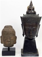 19th CENTURY BRONZE BUDDHA HEAD & CAST RESIN HEAD
