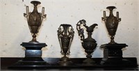 2 Bronze Urns w/ Eastlake style trim and 2 Iron