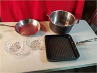 3 Piece All Clad cookware - and 2 glass serve bowl