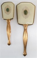 Vintage Brass Hairbrush & Mirror w/ Faux Jade Back