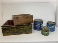 VINTAGE SHOE NAIL BOX AND ASSORTED TINS