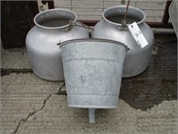 2 - Milk Pails, 1 - Metal Funnel Bucket