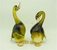 Pair Of Olive Green Glass Ducks Geese Gold Flake