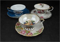3 Fine China Porcelain Tea Cups & Saucers