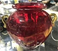 Blenko Hand Blown Ruby Vase w/ Yellow Handles