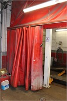 Red custom curtain, approx 28ft long, over