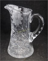 Vintage Glass Crystal Pitcher Floral Etching 9.25"