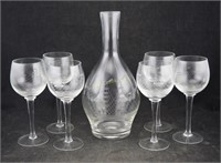 Crystal Decanter & 6 Glasses Ship Etching Nautical