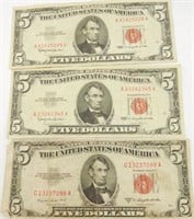 (2) 1963 $5.00 Red Seal notes and 1955B $5.00