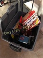 Plastic tote with toys, comes with lid