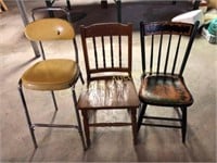 1950’s stool and (2) antique kitchen chairs