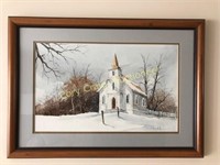 Painting of old country church, signed by artist
