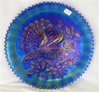 Stippled Peacocks 9" plate w/ribbed back - blue