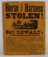Horse And Harness Stolen! $50 Reward Wood Sign