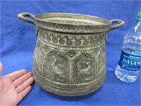 old ornate metal bucket with 2 handles - heavy