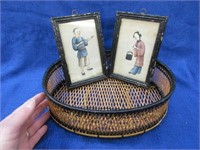 2 small chinese paintings & oval basket